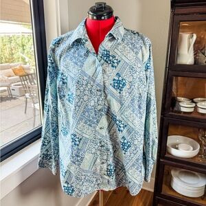Coldwater Creek Patchwork Floral Button Down Blouse 18W 100% Cotton Blue White